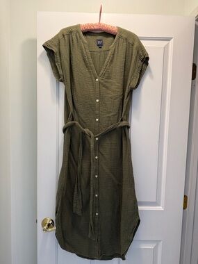 GAP Olive Green Button-Down Midi Dress with Tie Waist